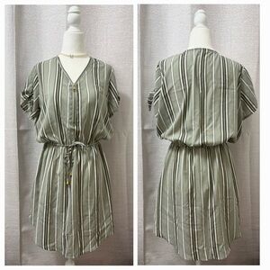 Stella Tweed Green and White Striped Zip-Front
Cinched Waist Dress Women’s M